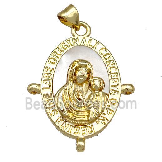 Virgin Mary Charms Copper Oval Pendant Pave Shell 18K Gold Plated