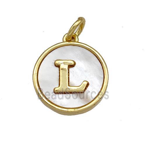 Copper Circle Pendant Pave Shell Letter-L 18K Gold Plated