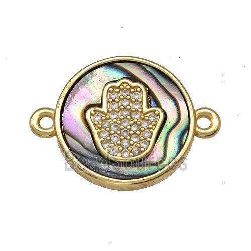 Copper Circle Connector Pave Abalone Shell Zircon Hamsahand 18K Gold Plated