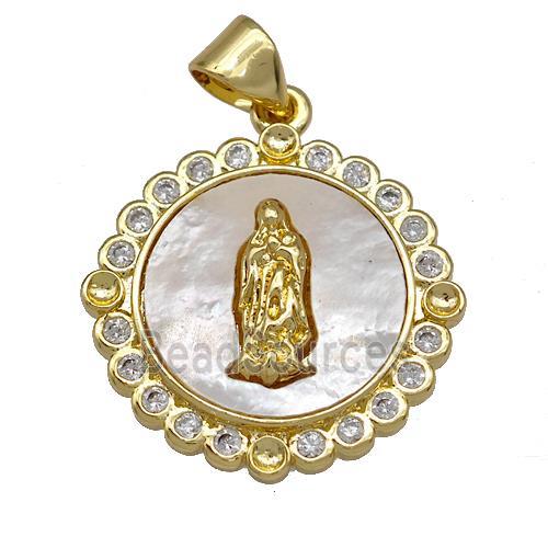 Jesus Charms Copper Circle Pendant Pave Shell Zirconia 18K Gold Plated