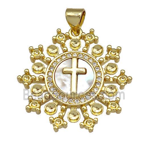 Cross Charms Copper Circle Pendant Pave Shell Zirconia 18K Gold Plated