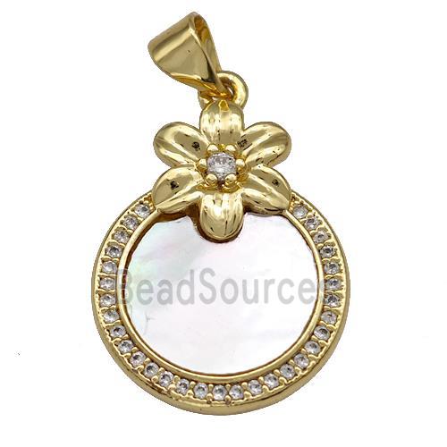 Copper Circle Pendant Pave Shell Zirconia Flower 18K Gold Plated