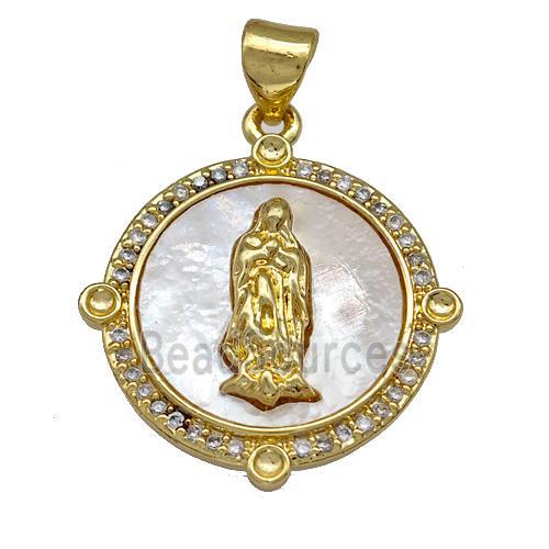 Jesus Charms Copper Circle Pendant Pave Shell Zirconia Religious 18K Gold Plated