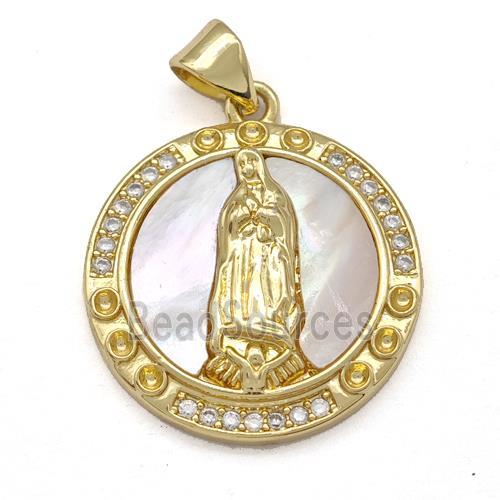 Jesus Charms Copper Pendant Pave Shell Zircon Circle Religious 18K Gold Plated