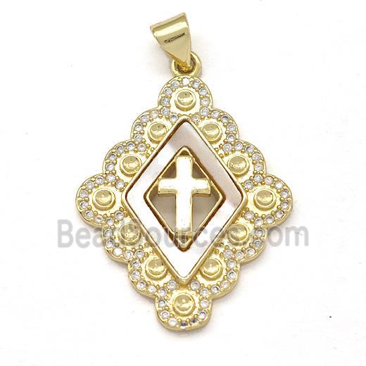 Copper Cross Pendant Pave Shell Zircon Rhombus 18K Gold Plated