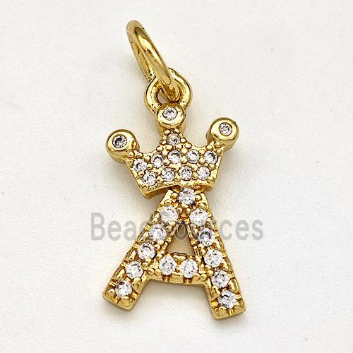 Copper Pendant Pave Zirconia Letter-A Crown Gold Plated