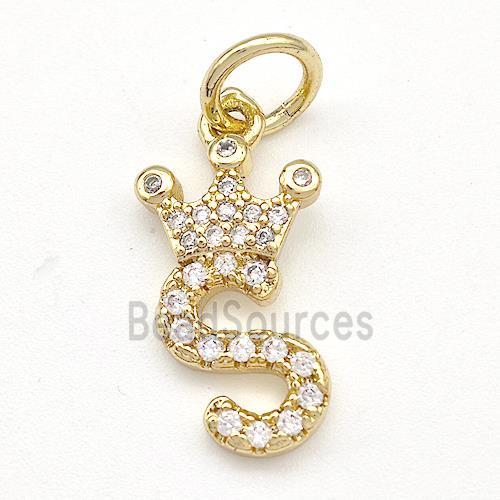 Copper Pendant Pave Zirconia Letter-S Crown Gold Plated