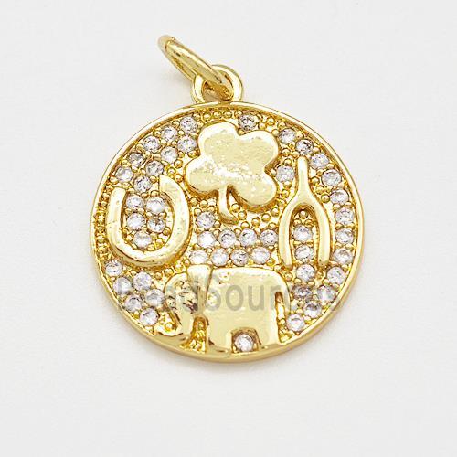 Copper Circle Pendant Micro Pave Zirconia Clover Elephant Gold Plated