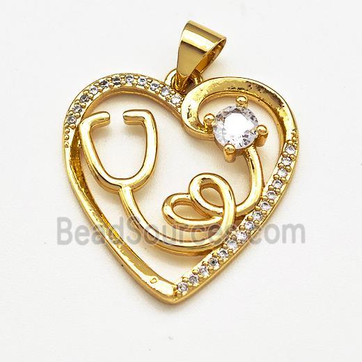 Copper Heart Pendant Pave Zircon Stethoscope Gold Plated