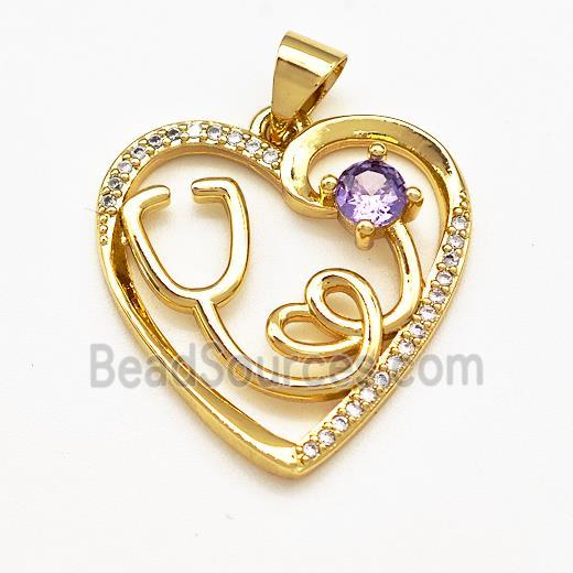 Copper Heart Pendant Pave Zircon Stethoscope Gold Plated