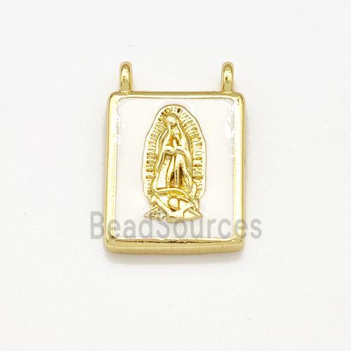 Copper Rectangle Pendant Virgin Mary White Enamel 2loops Gold Plated