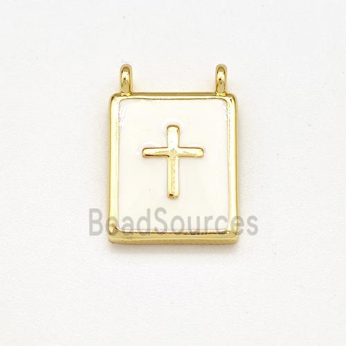 Copper Rectangle Pendant Cross White Enamel 2loops Gold Plated