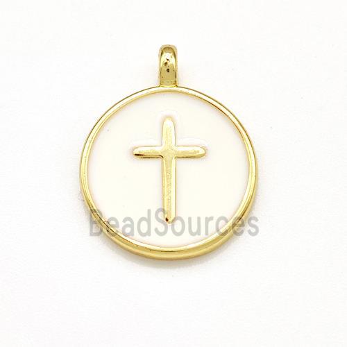 Copper Circle Pendant Cross White Enamel Gold Plated