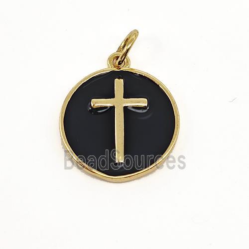 Copper Circle Pendant Cross Black Enamel Gold Plated