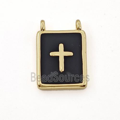 Copper Rectangle Pendant Cross Black Enamel 2loops Gold Plated