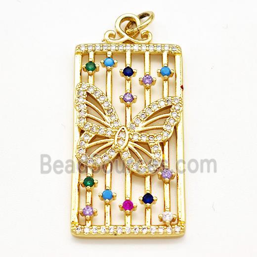 Copper Rectangle Pendant Pave Zircon Butterfly Gold Plated