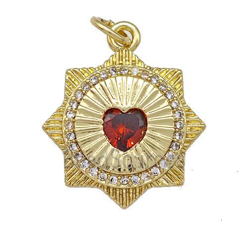 Red Heart Sun Charms Copper Pendant Pave Zircon Gold Plated