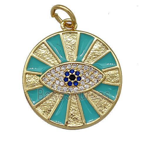 Copper Circle Eye Pendant Pave Zircon Green Enamel Gold Plated