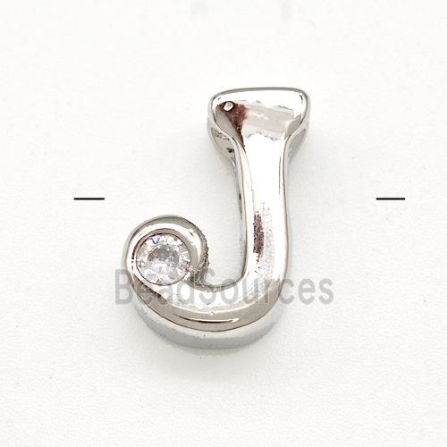 Copper Letter-J Beads Pave Zircon Platinum Plated