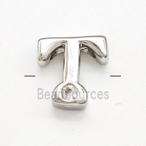 Copper Letter-T Beads Pave Zircon Platinum Plated