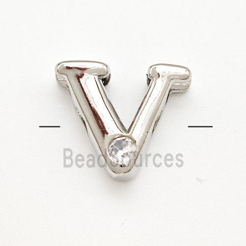 Copper Letter-V Beads Pave Zircon Platinum Plated