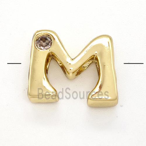 Copper Letter-M Beads Pave Zircon Gold Plated