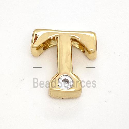 Copper Letter-T Beads Pave Zircon Gold Plated