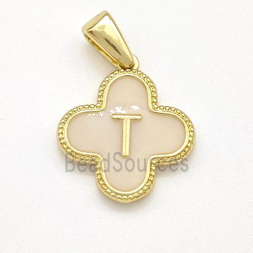 Copper Clover Pendant Letter-T Painted Gold Plated