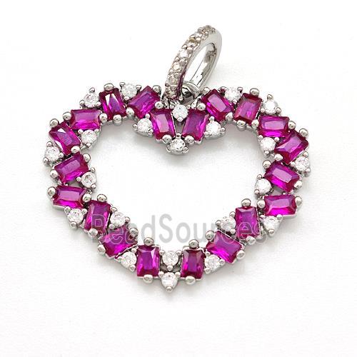 Copper Heart Pendant Micro Pave Fuchsia Zirconia Platinum Plated