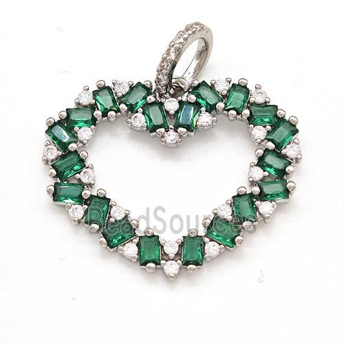 Copper Heart Pendant Micro Pave Green Zirconia Platinum Plated