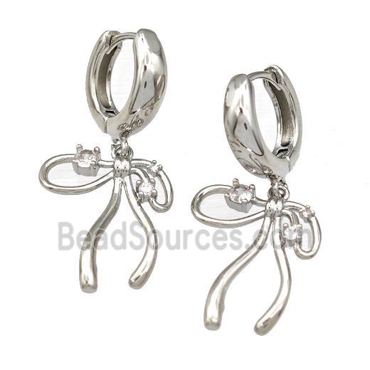 Copper Bow Hoop Earrings Pave Zircon Platinum Plated