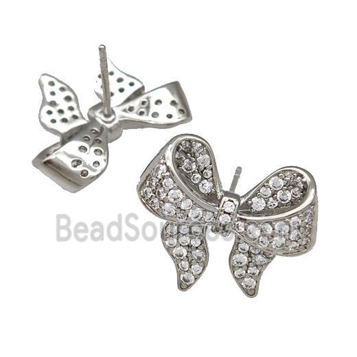 Copper Bow Stud Earrings Pave Zircon Platinum Plated