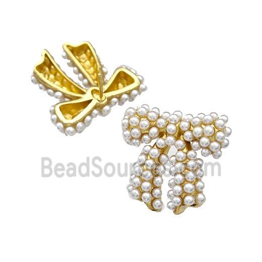 Copper Bow Stud Earrings Micro Pave Pearlized Resin Gold Plated