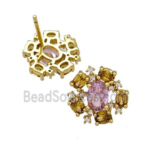 Copper Stud Earrings Pave Zircon Flower Gold Plated