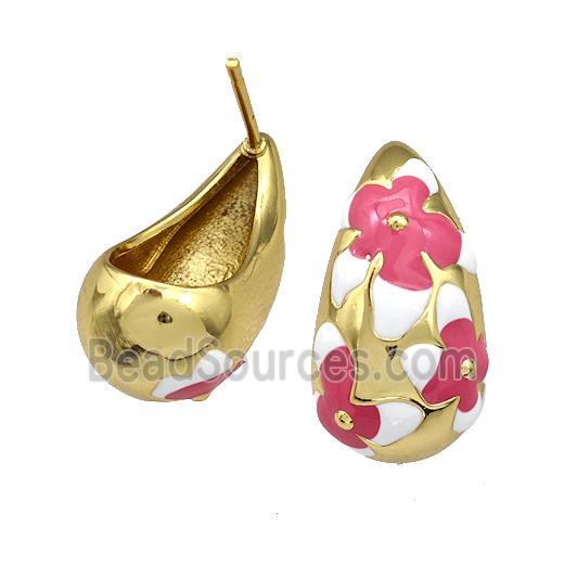 Copper Teardrop Stud Earrings Red White Enamel Hollow Gold Plated