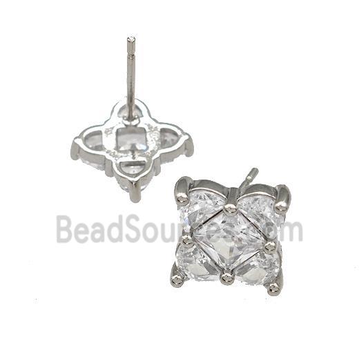 Copper Stud Earrings Micro Pave Zirconia Flower Platinum Plated