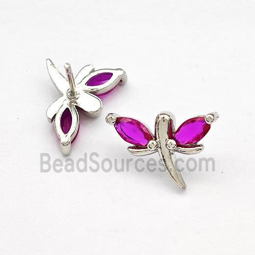 Copper Dragonfly Stud Earrings Pave Fuchsia Zirconia Platinum Plated