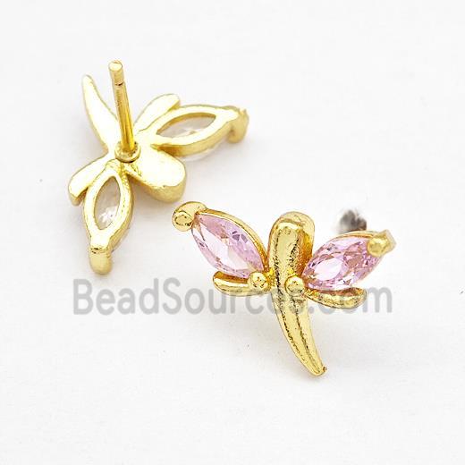 Copper Dragonfly Stud Earrings Pave Pink Zirconia Gold Plated