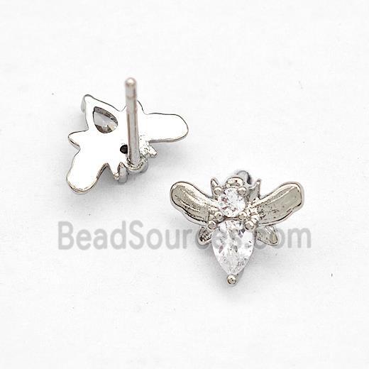 Copper Honeybee Stud Earrings Pave Zircon Platinum Plated