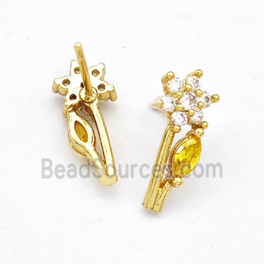 Copper Flower Stud Earrings Pave Zircon Gold Plated