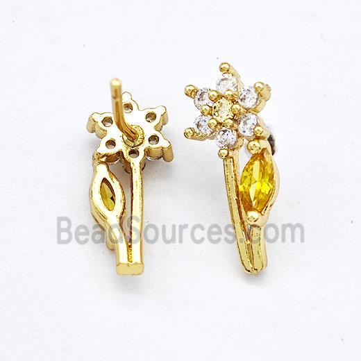 Copper Flower Stud Earrings Pave Zircon Gold Plated