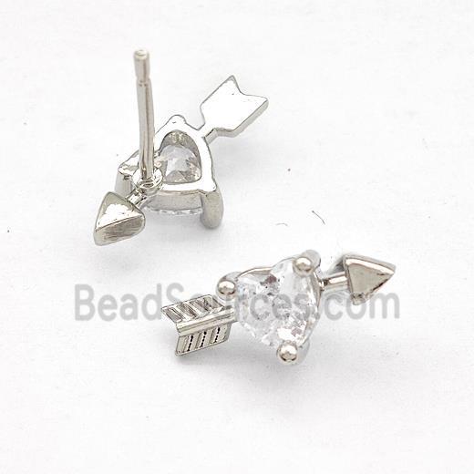 Copper Stud Earrings Pave Zircon Cupids Arrow Heart Platinum Plated