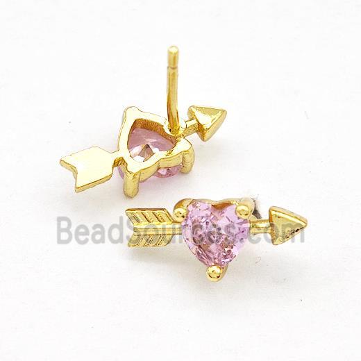 Copper Stud Earrings Pave Pink Zircon Cupids Arrow Heart Gold Plated