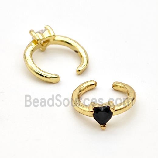 Copper Clip Earrings Pave Black Crystal Glass Heart Gold Plated