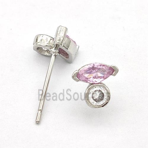 Copper Stud Earrings Pave Pink Zirconia Eye Platinum Plated