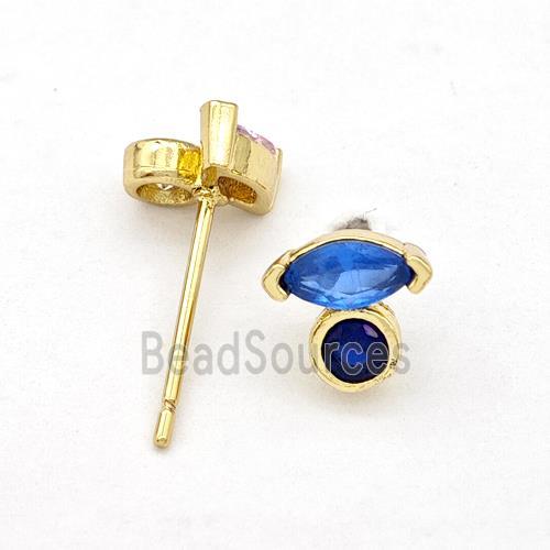 Copper Stud Earrings Pave Blue Zirconia Eye Gold Plated