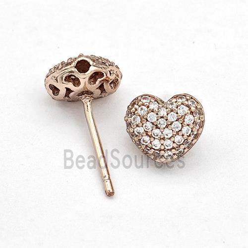 Copper Stud Earrings Pave Zirconia Heart Rose Gold