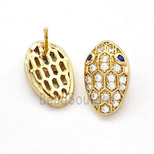 Copper Stud Earrings Pave Zirconia Snakehead Gold Plated