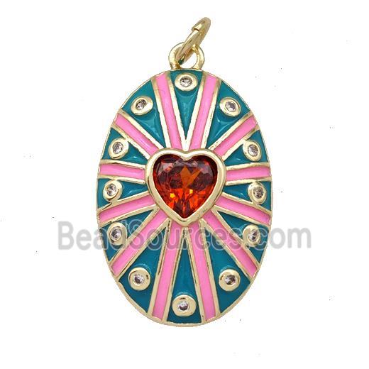 Copper Oval Pendant Pave Red Zirconia Heart Teal Enamel Gold Plated