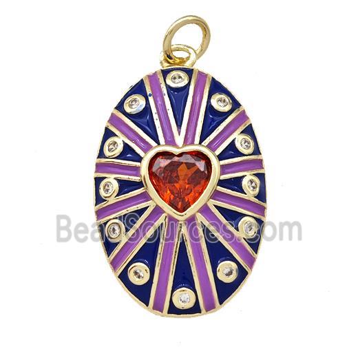 Copper Oval Pendant Pave Red Zirconia Heart Blue Enamel Gold Plated